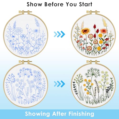 ERKOON Embroidery Kit for Beginners Adult, 2 Set Flower Cross Stitch Set Include Embroidery Cloth Hoops Threads for Craft Lover Hand Stitch with Embroidery Skill Techniques (Flowers and Plants) - color: Flowers and Plants