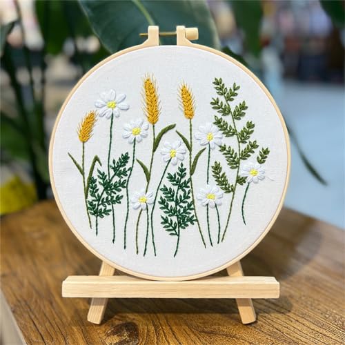 Meecaa Wheat Flower Grass Embroidery Kit Starter Set, Hand Embroidery Set,Pattern Printed Cross Stitch Set for Beginner Adults, with Embroidery Hoop and Instructions (Wheat) - color: Wheat