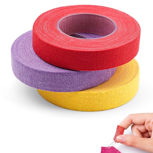 3 Rolls Thimble Tape for Hand Sewing, Breathable Cotton Finger Protector Tape, Adjustable Self-Adhesive Nail Guard for Quilting, Embroidery & Knitting Crafts Paperwork Carving (Red, Yellow, Purple)