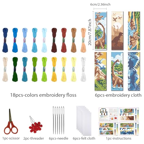 FREEBLOSS 6 Set Cross Stitch Bookmark Kit Dinosaur Scene 8"*2.4" 11CT - style: Dragon Scenery