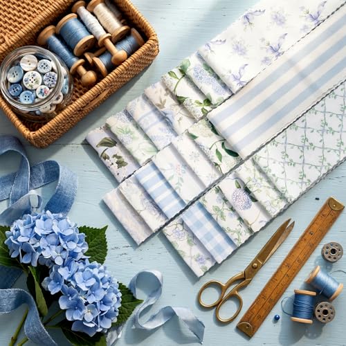 Hosuly 40 Pcs Hydrangea Fabric 2.55" Blue White Floral Jelly Fabric Strips - color: Hydrangea