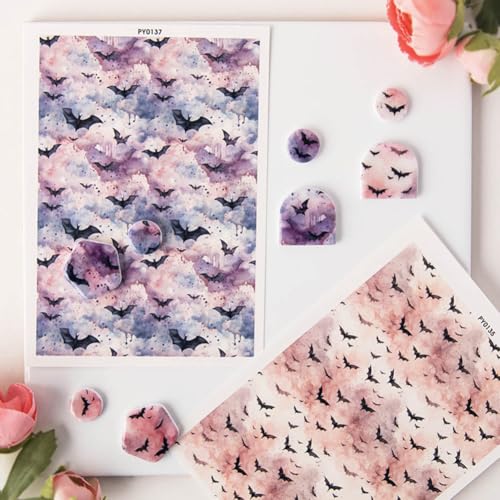 KABAKE Polymer Clay Transfer Paper 4 PCS Colorful Flowers Water Soluble Transfer Sheet for Earrings Jewelry Making - color: Watercolor Bat