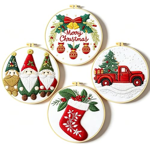 Zhenqing Christmas Embroidery Kit for Beginners - 4 Piece 29x29cm Round Hoop Art with Pre-Printed Cotton Fabric, Embroidery Hoop, Threads & Tools (Merry Christmas, Stocking, Truck, Gnomes) - style: Merry Christmas+Stocking +Truck+Gnomes