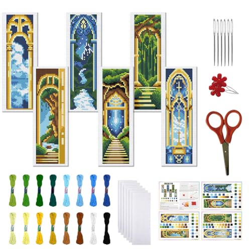 FREEBLOSS 6 Set Cross Stitch Bookmark Kits for Beginner Castle Night View Stamped Cross Stitch Kit DIY Embroidery Bookmark Kit with Instructions 8" x 2.4" - style: Arch