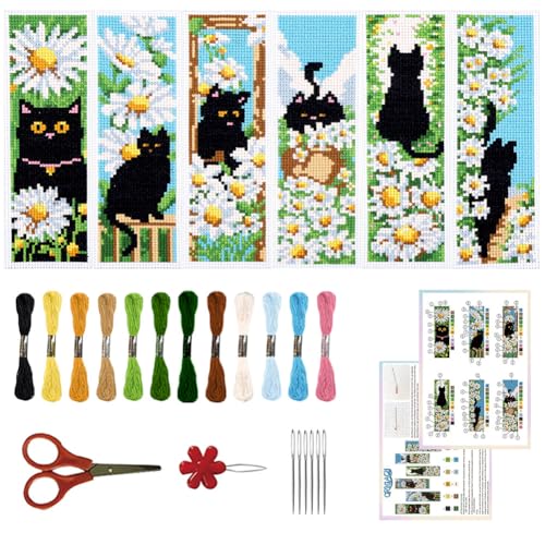 ORIGACH 6 Set Cat & Daisy Cross Stitch Bookmark Kit for Beginner - style: Cat and Daisy