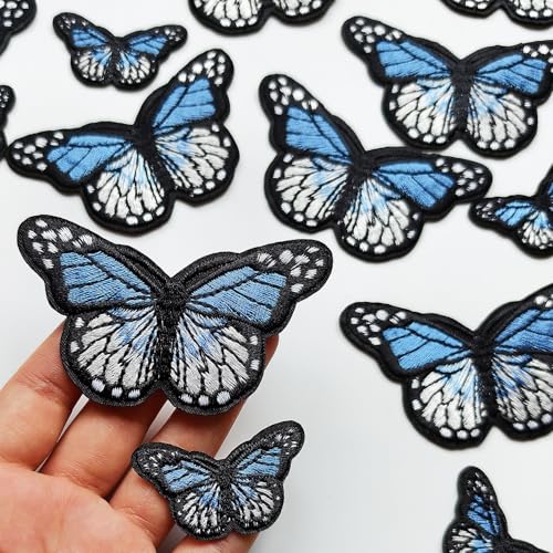 20pcs Butterfly Iron on Patches, 2 Sizes Blue Butterfly Embroidered Patches Applique for Clothes Hats Jeans Jacket - color: Blue butterfly
