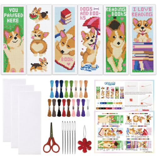 ORIGACH 6 Set Cute Dog & Book Cross Stitch Bookmark Kit for Beginner - style: Cute Dog & Book