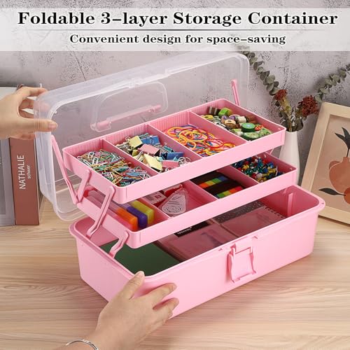 Tackle Box, 16-Inch Extra Large Art Storage Box with 3-Layer Folding Trays - color: Pink