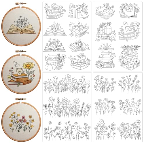 Water Soluble Embroidery Patterns Stabilizers, 4 Sheets Book Lover Stick and Stitch Embroidery Paper Wash Away, Pre-Printed Flower Transfer Papers Customized Gifts for Hand Sewing Lover Beginners - size: Flower Book B