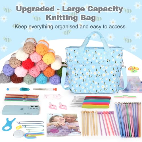 Aeelike Yarn Storage Bag Organizer, Large Crochet Tote Bag, Blue Flower - color: Blue Floral