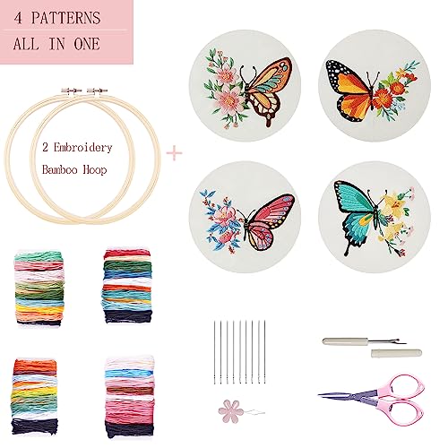Bonroy 4 Sets Embroidery Kit for Beginners,Embroidery Art Craft Handy Sewing Include Clothes with Pattern,Embroidery Hoops, Instructions,Color Threads Needle (Butterfly) (CX-55) - color: Butterfly