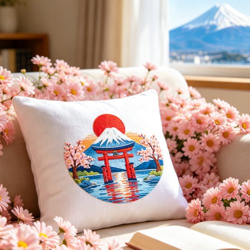 BEUNITONE 4 Pcs Embroidery Kit for Beginner, Ukiyo-e Style Landscape Wave Pattern Embroidery Materials, Cross Stitch Set with Cloth, Thread, Needle and Hoop Tools for Friendship Gift and Home Decor - style: C-Ukiyo Scenery