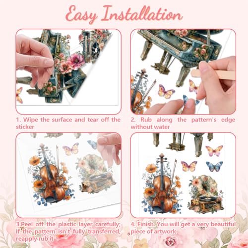 Peacoblue Music & Flowers Rub On Transfers for Furniture 6"x12" - style: Musical Instruments and Flowers