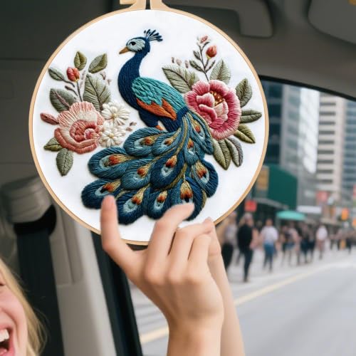FONNUY Flower Peacock Embroidery Kit for Beginners, Cross Stitch Kits for Adults, Handmade Crafts with Printed Pattern Set, Color Thread Needlework, 8'' Hoop (Peerless Peacock) - color: Peerless Peacock