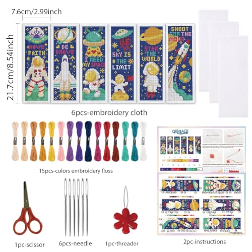 ORIGACH 6 Set Space Astronaut Cross Stitch Bookmark Kit for Beginner - style: Astronaut & Planet Rocket