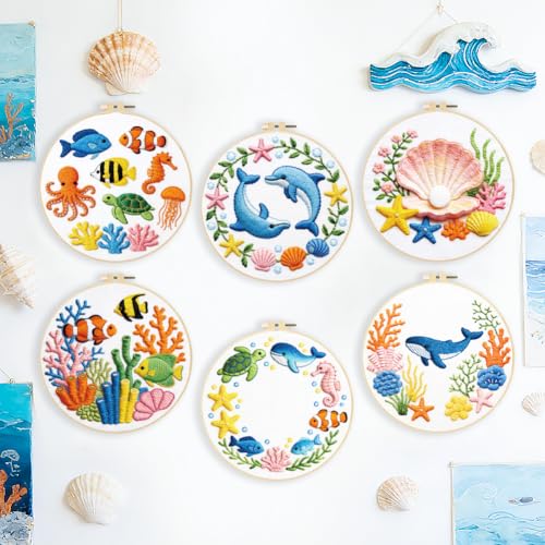 ACRNIGHEET 6PCS Embroidery Kit for Adults Beginners, Needlepoint Kits for Adults, Embroidery Starter Kit, Stamped Cross Stitch Kits for Crafts Lovers Gift Idea, Include Instructions(Ocean)