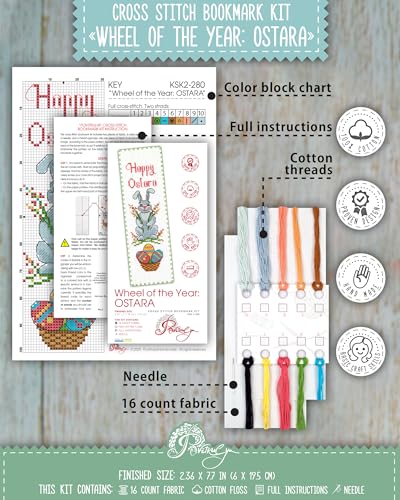 Povitrulya Cross Stitch Bookmark Kit Wheel of The Year: Ostara – Counted DIY Embroidery Set for Adults & Beginners, Bunny Easter Spring Equinox Pagan Wiccan Floral Gift - color: Ostara