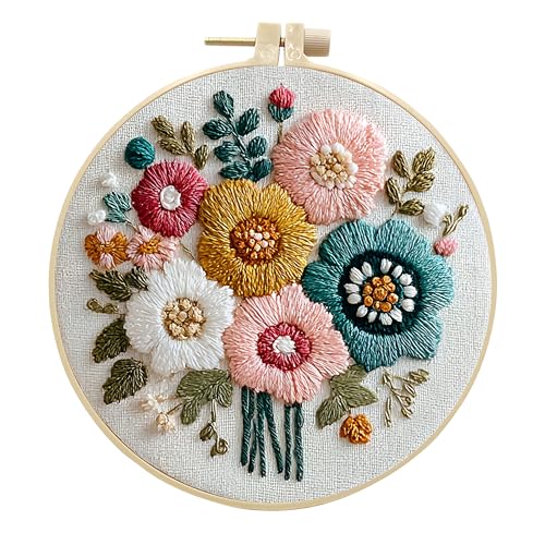Embroidery Kit for Beginners & Adults Starter Kit, Cross Stitch Kits,DIY Hand Embroidery Needlepoint Set with Hoop, Pre-Printed Fabric, Threads and Instructions (Flower-2) - color: Flower-2