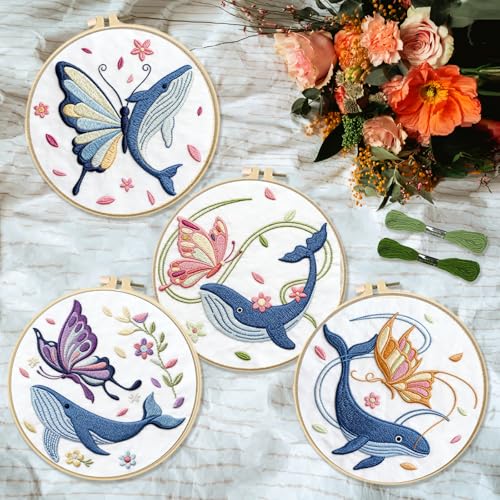 INFUNLY 4 Sets Embroidery Kit for Beginners with Butterfly and Whale Pattern DIY Embroidery Kit for Adults DIY Embroidery Set Cross Stitch Kit for Adults with Plastic Embroidery Hoops Threads Needles - color: Butterfly and Whale