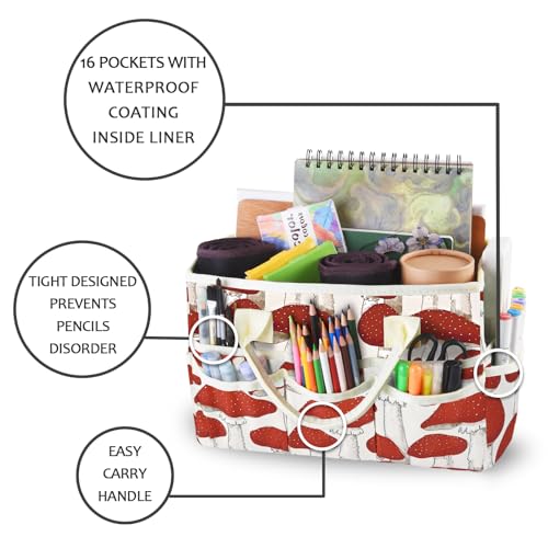 Craft Organizer Tote Bag with Multiple Pockets,Scrapbooking Art Storage - color: red mushroom