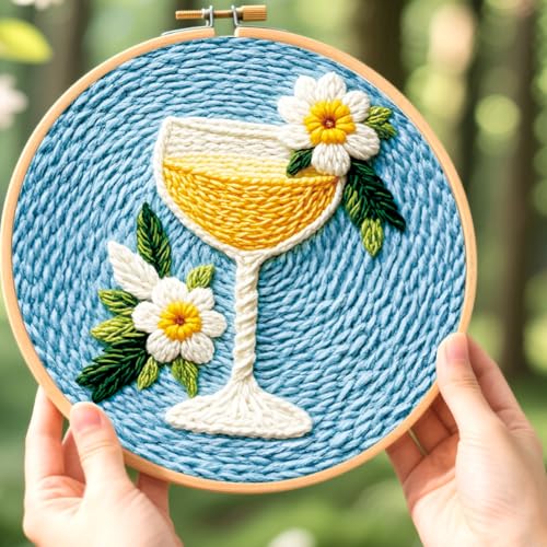 BEUNITONE 2Pcs Drinks Punch Needle Kit for Adults Beginners, Complete Embroidery Craft Kit Needlepoint Kits for Adults with Hoop, Punch Needle Starter Craft Set for Gifts and Home Decor 20x20CM - color: 14-Drinks