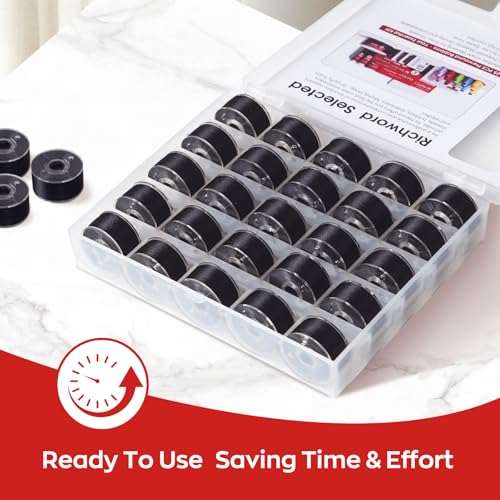 Poolin Prewound Bobbins Richword Selected Black 25pcs Size A Bobbins, Plastic Sided, 70D/2(60WT) Polyester Bobbin Thread for Single Needle Embroidery and Sewing Machine - color: Black 25PCS