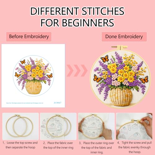 Zhenqing Flower Basket Embroidery Kit for Beginners, Pre-Printed 29x29cm Cotton Fabric with 20cm Hoop, Garden Design with Butterflies (JC0047