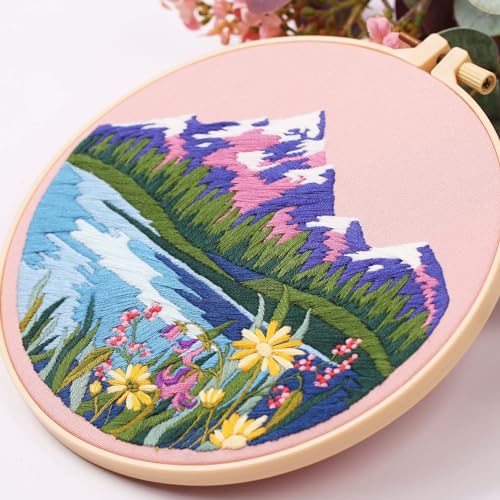 Harimau Adult Beginner Embroidery Starter Kit, Complete Set with 4 Patterns, 2 Hoops, Needles, Scissors, Instruction Guide & Stitching Video Tutorials - color: Mountain