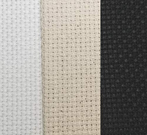 KCS 3 pc of 12" x 18" 18CT Counted Cotton Aida Cloth Cross Stitch Fabric (White+Oatmeal+Black) - color: White+oatmeal+black