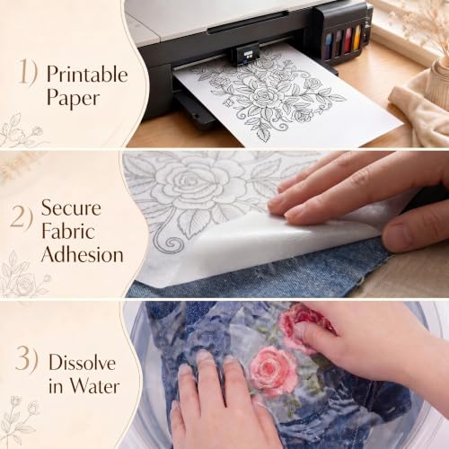 Rivvlive 100 Pcs Sticky Water Soluble Embroidery Stabilizer Sheets 8.2"x5.9", Self Adhesive Printable Draw Transfer Paper for Hand & Machine Embroidery on Denim, Knit, Canvas