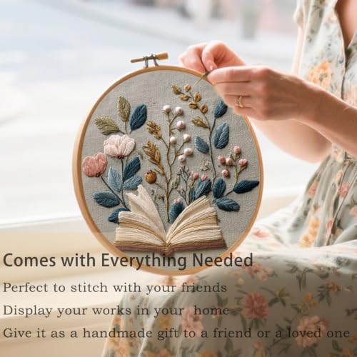 FONNUY Embroidery Kit for Beginners, Flower Book Pre-Stamped Pattern Kits for Adults with Hoop, Cross Stitch Easy to Follow Color Thread Needlework, 8'' Hoop (Brown) - color: Brown
