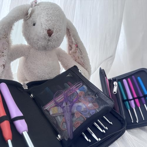 Athena's Elements 100% Accurate USA Standard Sizing - Perfect Crochet Hooks Case, Set with Removable Pocket, Complete Knitting Accessories (Black) - color: Black