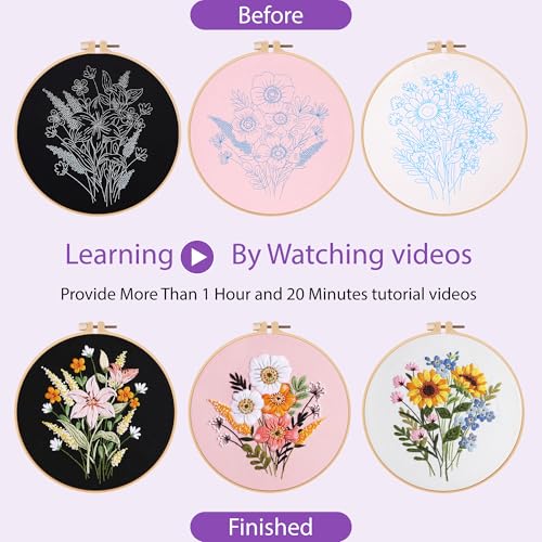 Uniartfy 3 Sets Embroidery Kit for Adults, Flower Pattern Embroidery Practice Kits for Beginners, Needlepoint Cross Stitch Kits Include Hoop, Colorful Threads, Tools, Easy to Learn Video & Instruction - color: Embroidery Kit-G