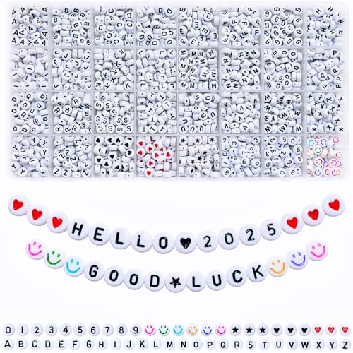 Amaney 1600pcs Acrylic Letter Beads - 4x7mm White, A-Z 31 Styles for Jewelry Making Bracelets, Necklaces, Key Chains - color: White&hearts, size: 7x4mm