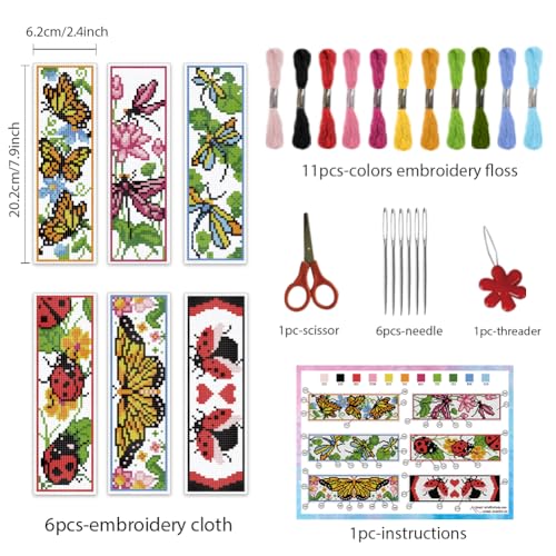 INFUNLY 6PCS Butterflies Cross Stitch Bookmark Kits Insects 8''x2.4'' Bookmark Making Kit Dragonflies DIY Stamped Embroidery Bookmarks for Beginners with Instruction for Book Lovers Reader Writers - style: Butterflies Insect