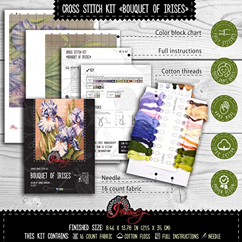 Povitrulya Counted Cross Stitch Kit ‘Purple Irises’ - DIY Hand Embroidery Set with Flower Paper Counted Pattern, Pre-Sorted Floss and 16 Count Aida Fabric - color: Purple Irises