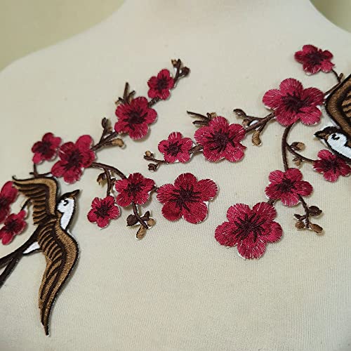 1pair Quince Sakura Flower Embroidery Iron On Applique Patches (Dark Red H) - color: Dark Red H