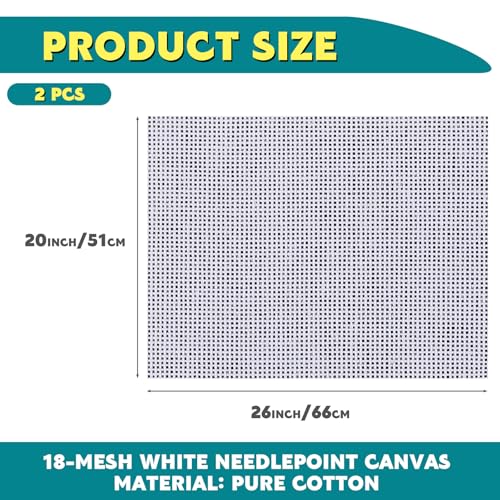 Knitgrip 2 Pack 26 x 20 Inches Needlepoint Canvas 18 Mesh Blank White Canvas Pure Cotton Needlepoint Mesh Twist Interlock for Embroidery DIY Knit Crochet Projects Make Dividers - size: 26 x 20 Inches
