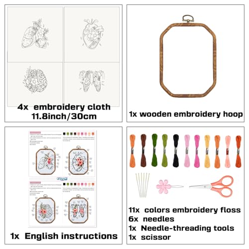ORIGACH 4 Set DIY Organ & Flowers Embroidery Kit for Beginners Adults - style: Human Organ with Flowers