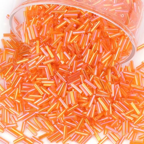 4000 Pcs Tangerine Orange Glass Bugle Beads, 2 x 7 mm Embroidery Beads, Small Long Tube Seed Beads for Embroidery Craft Jewelry Making - color: Tangerine Orange