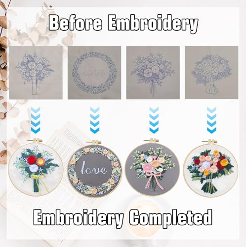 CanVrinxol 4 Sets Christmas Embroidery Kits for Adults Beginners, Cross Stitch Kits with Patterns, Hoops, Threads, Needles & Tools, DIY Craft Gift Ideas (Flower) - style: Flower