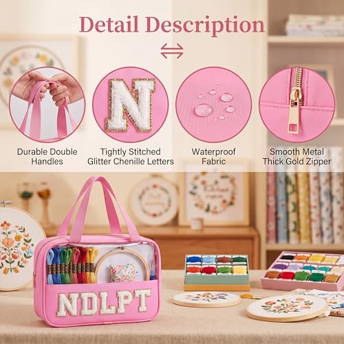 Needlepoint Project Bag Sewing Gifts Embroidery Sewing Bag Craft Storage Organizer NDLPT Clear Zip Pouch Bag - color: Pink, size: Cuboid-L