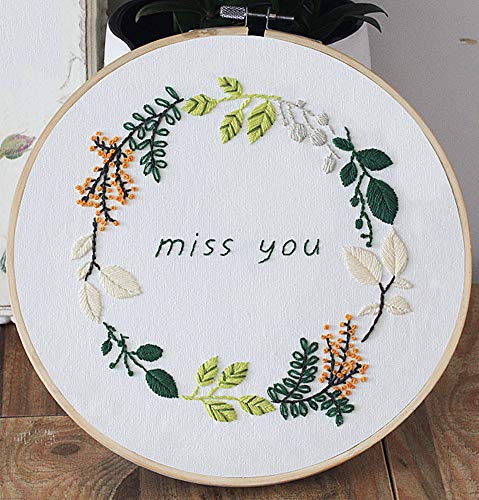 Embroidery Kit, Squirrel Miss You Quote Leaves Wreath Awesocrafts Full Range of Embroidery Starter Kits for Beginners Adults DIY Handmade Easy Patterns (Miss) - color: Miss