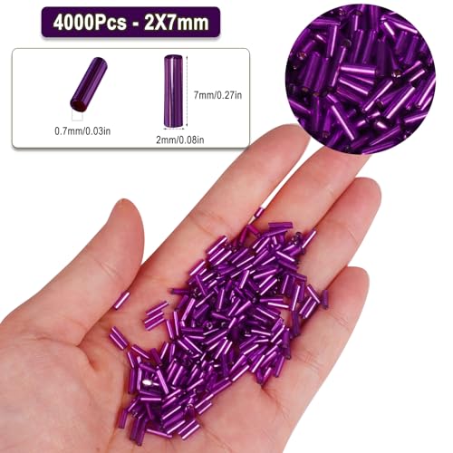 4000pcs Deep Purple Bugle Beads Bulk -Embroidery Beads,Long Tube Bead for Jewelry Making, Bracelet Necklaces Supplies,Craft DIY(7x2mm) - color: Deep Purple