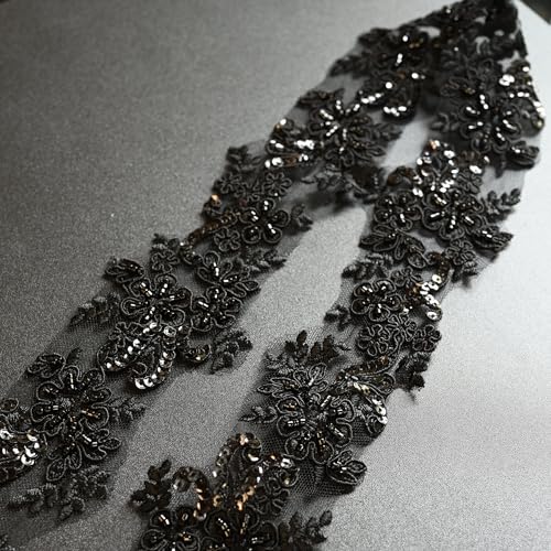 6cm*2yards Ivory White Luxury Beaded Embroidery Flower lace Appliques for Wedding Dresses Rhinestone Applique Patches Embroidery lace parches ropa (Black Color) - color: SPXB-TV0091BCL-2y-black