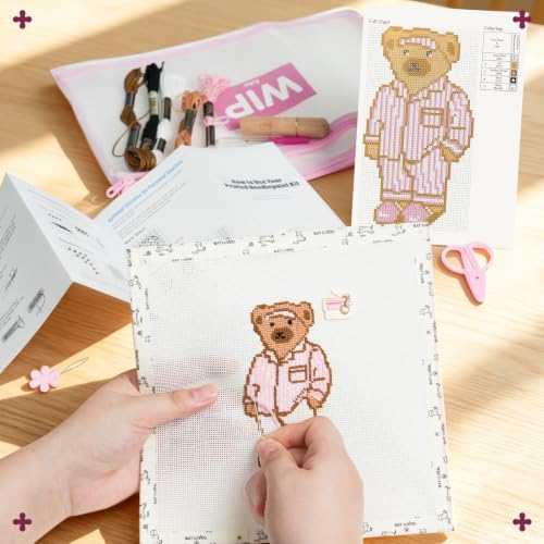 Kaitiaki 18 mesh Needlepoint Canvas Kit, 8 in Painted Canvas Set with Embroidery Floss, Needles, Guide Card, Instruction, Threader, Scissors & Project Bag for Crafter Gift(Pajama Bear) - color: Pajama Bear, size: 18 mesh