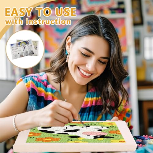 Doodlream Cow Flower Needle Kit for Beginner, 9.4"x 9.4" Cartoon Animal Punch Stitching Craft Set, Color DIY Embroidery Starter with Printed Frame, Instruction, Threader, Yarn, Pinch Needle - color: Cow