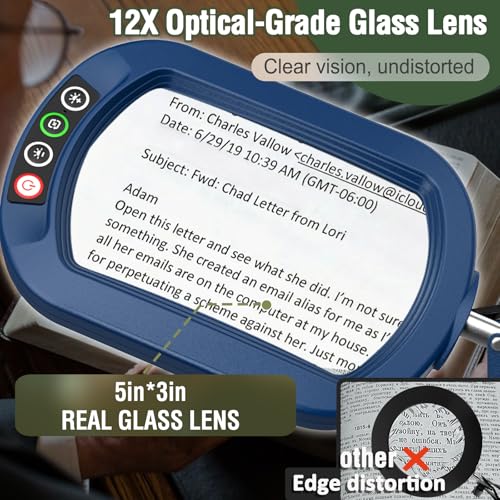 Veemagni 12X Rectangle Magnifying Glass with Light and Stand, 5 Color Modes Stepless Dimmable, 2-in-1 LED Lighted Desk Lamp & Clamp, Hands Free Magnifier for Reading Crafts Painting Close Work - Blue - color: Blue