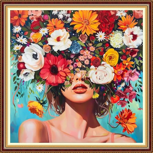 Fanxvivy Stamped Counted Cross Stitch Kits for Adults Printed Cross-Stitch Patterns 11CT Stamped or Counted Cross Stitching Embroidery Kit Needlepoint Kits-Colorful Flower Girl 18x18 inch - color: Artkits18