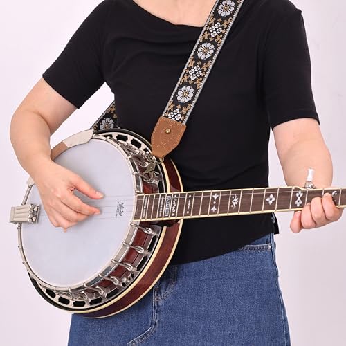 Nefelibata Banjo Strap,2"Wide Double Crazy Horse Leather Jacquard Embroidery Strap Adjustable Replacement,Multi-pattern Strap With Metal Clips - color: A#-retro White Flower
